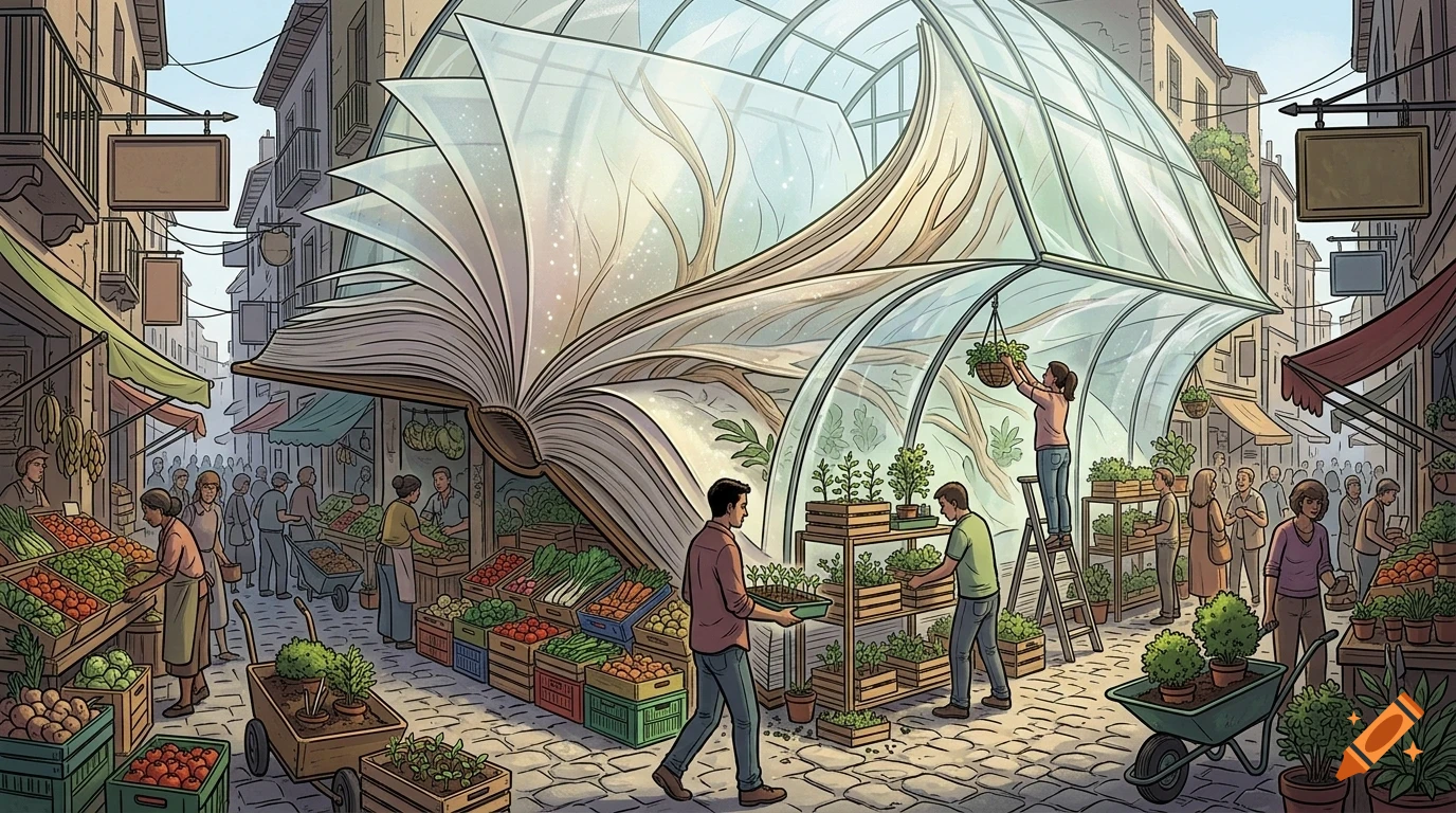 An open book morphs into a large greenhouse on a busy European street market with people buying and selling plants and produce.