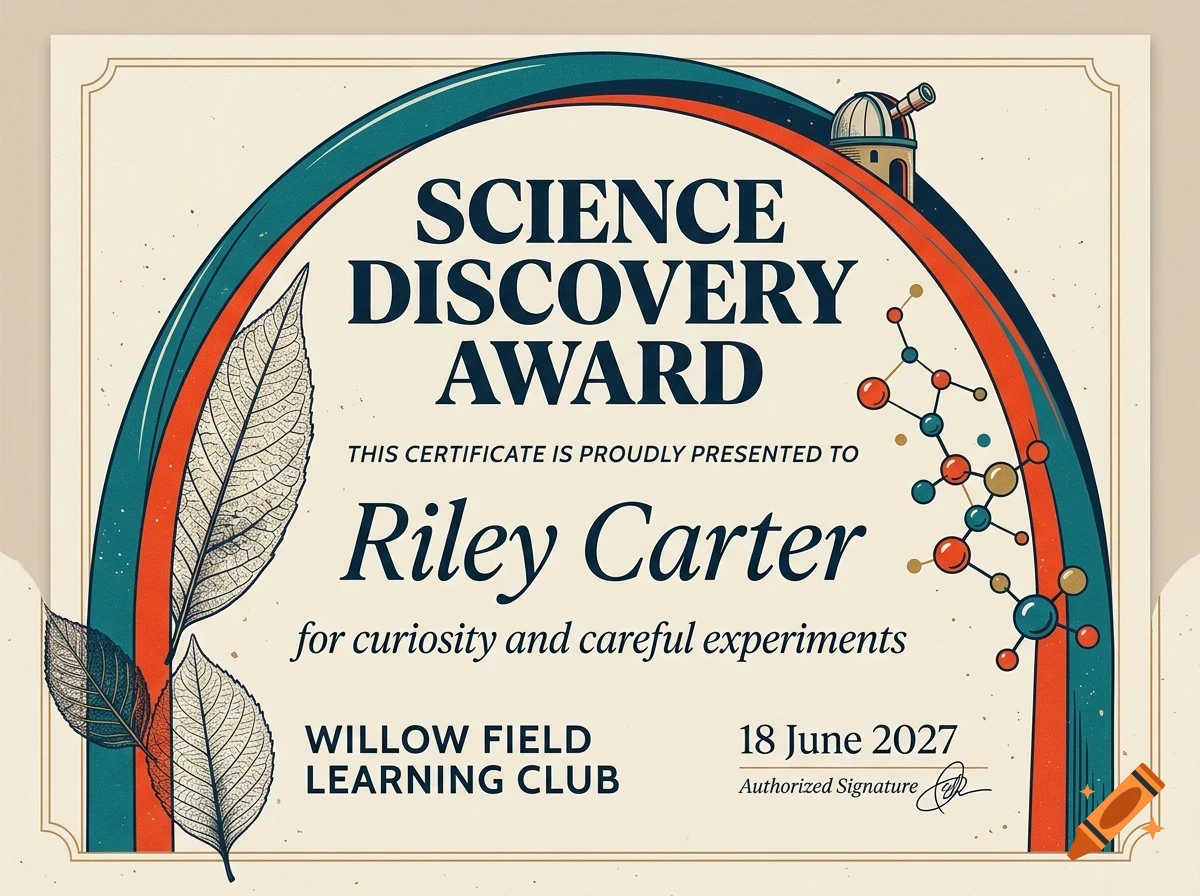 An award certificate reading Science Discovery Award presented to Riley Carter.