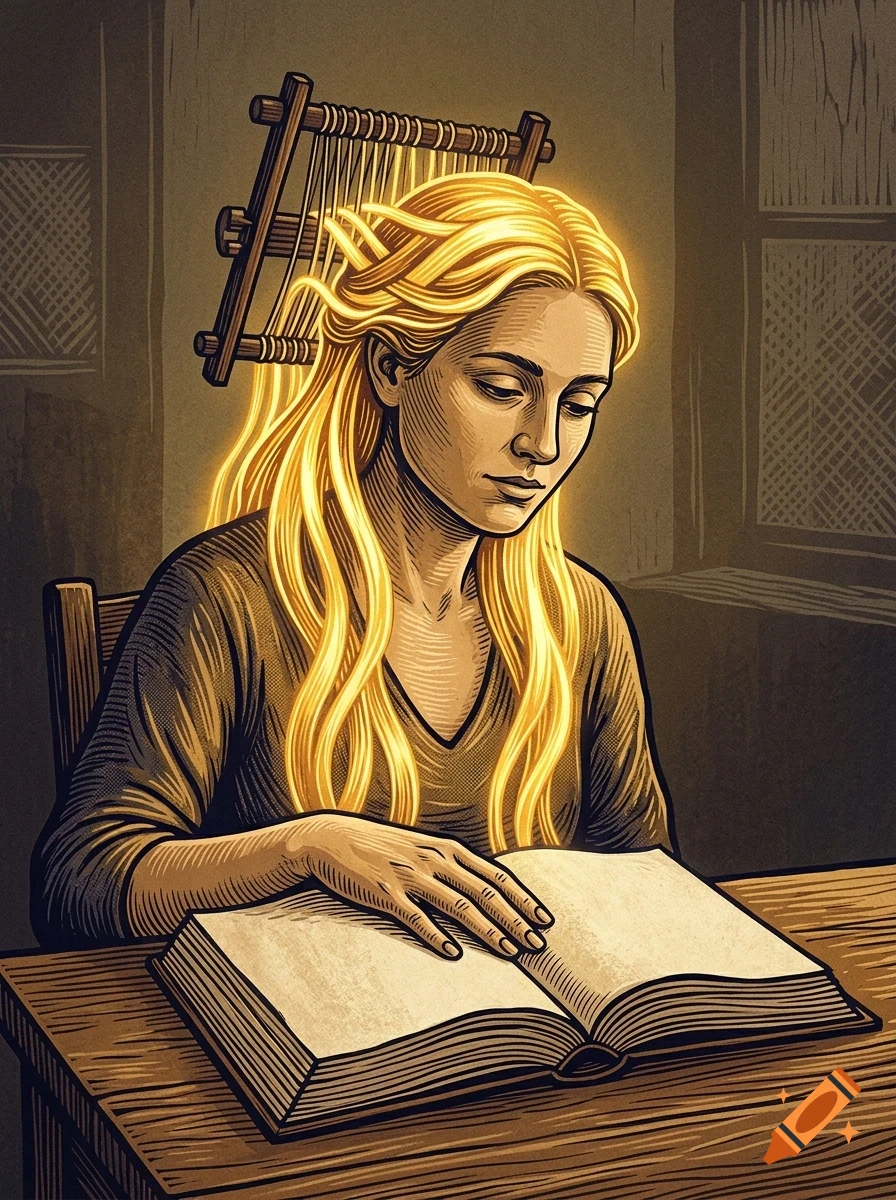 An illustration of a woman with glowing blonde hair reading a book at a table, with a small loom-like wooden frame behind her head.