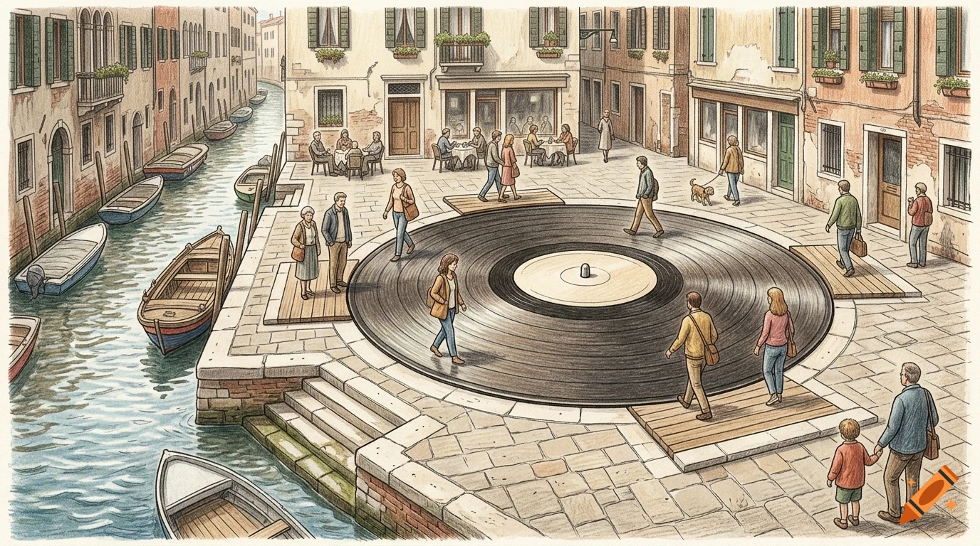 An illustration of a Venice-style canal square featuring a giant vinyl record embedded in the ground, surrounded by walking people and moored boats.