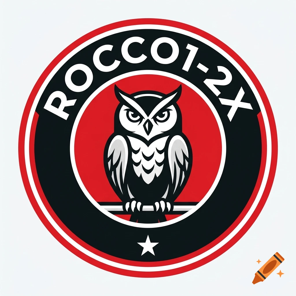 Circular red and black football club crest logo featuring an owl and the text ROCCO1-2X, flat vector graphic.