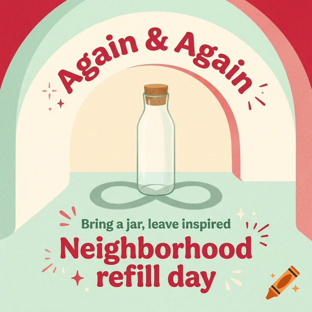 An illustrated poster featuring a glass jar with a cork lid, casting an infinity symbol shadow, surrounded by arches and text reading 'Again & Again' and 'Neighborhood refill day'.