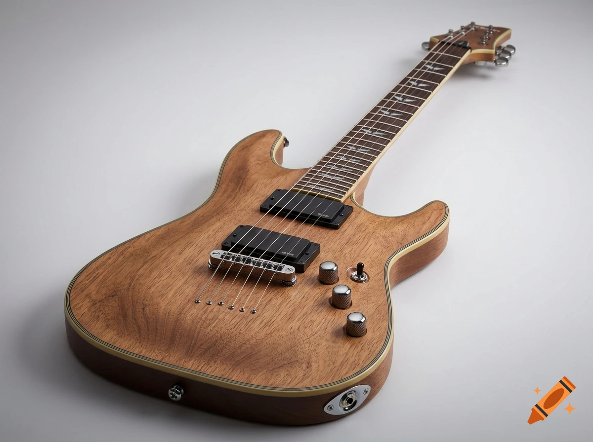 Photorealistic natural wood finish electric guitar with black pickups angled on a white surface.