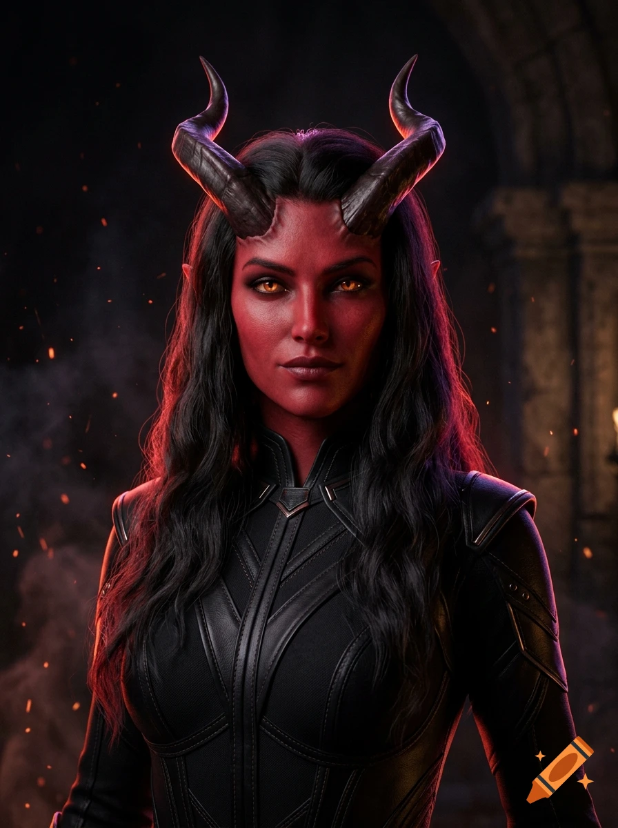 Photorealistic portrait of a female demon with red skin, dark hair, glowing orange eyes, and large horns, wearing a black outfit.