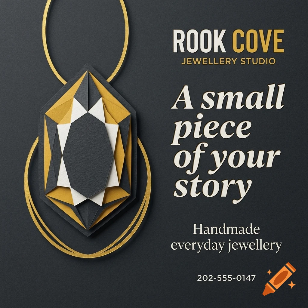 An advertisement for Rook Cove Jewellery Studio with a layered papercraft gemstone graphic and the text A small piece of your story.