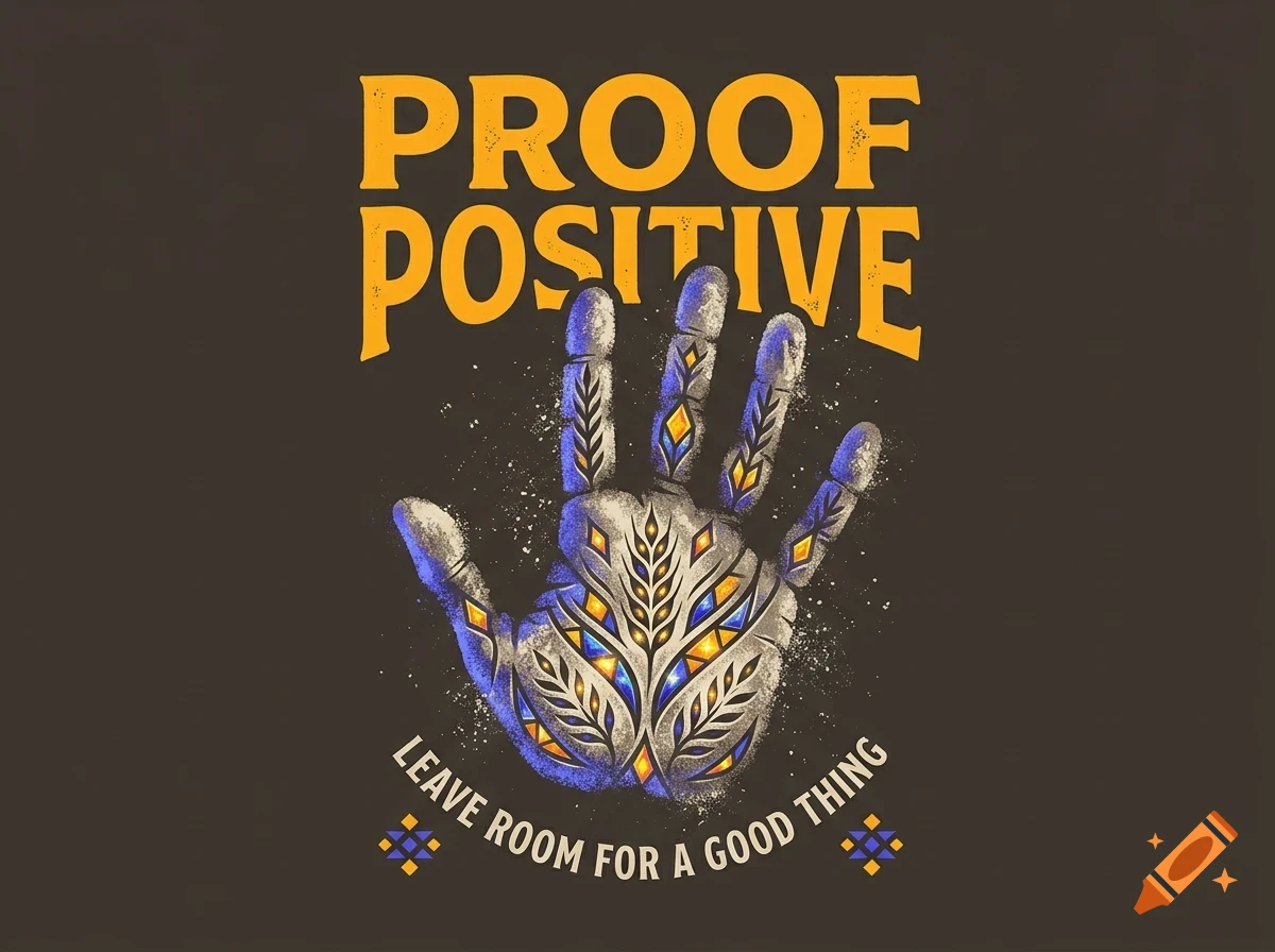 An illustrated human hand with decorative patterns, accompanied by the text PROOF POSITIVE and LEAVE ROOM FOR A GOOD THING.