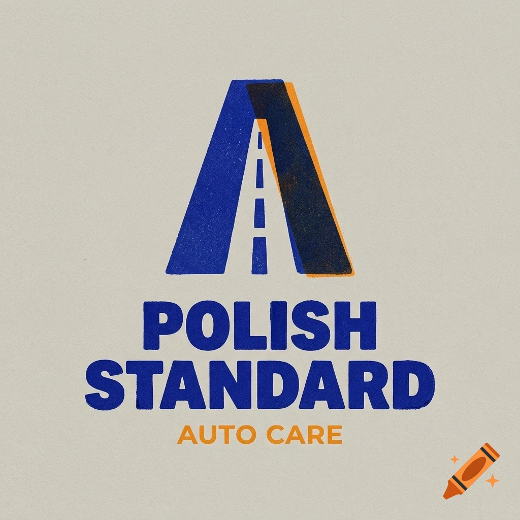 A logo for Polish Standard Auto Care featuring an A-shaped symbol incorporating a road design, with blue and orange textured text.