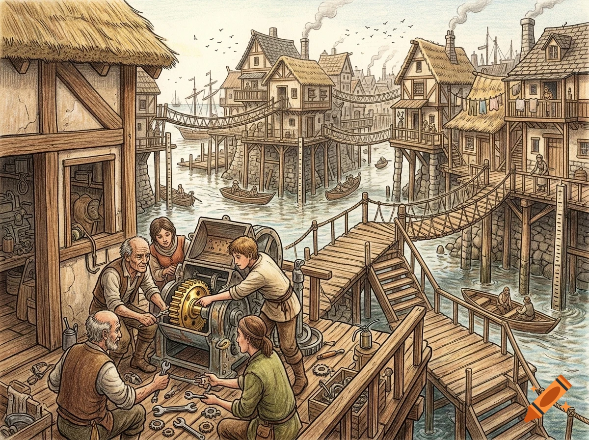 An illustrated drawing of people working on machinery on a wooden pier in a coastal village with stilt houses and boats.