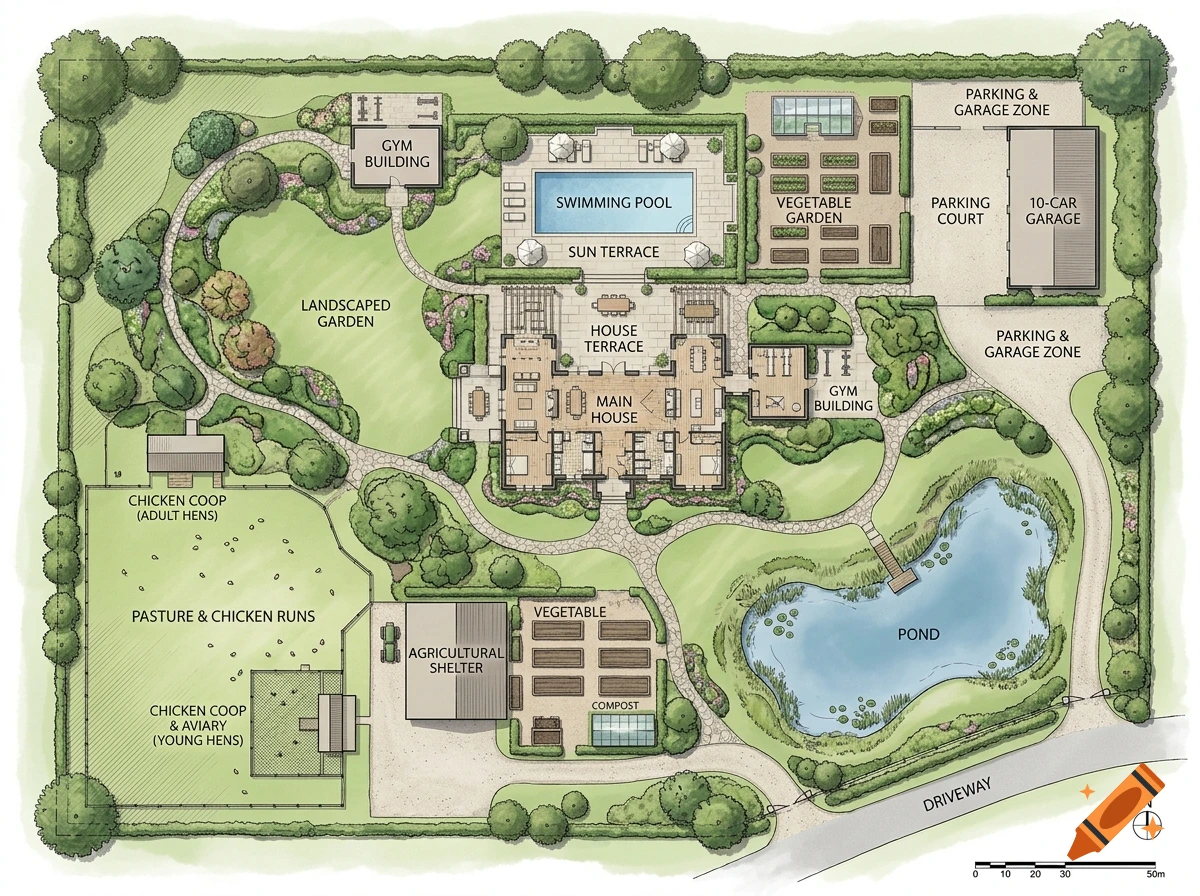 Architectural site plan illustration of a large estate with a main house, pool, pond, gardens, garages, and agricultural areas.