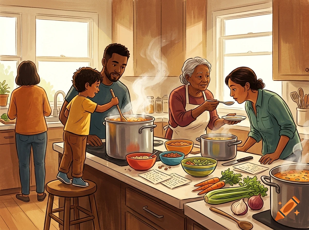 A multi-generational family cooking together in a sunlit kitchen, with pots on the stove, vegetables on the counter, and an older woman feeding soup to a younger woman.