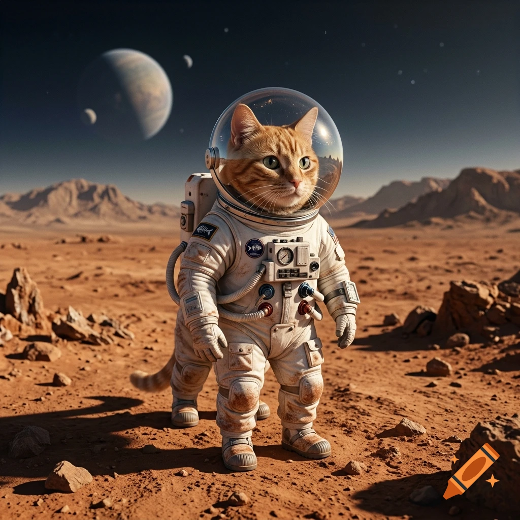An orange tabby cat in a detailed astronaut suit standing on the rocky surface of an alien planet with planets in the sky, photorealistic.