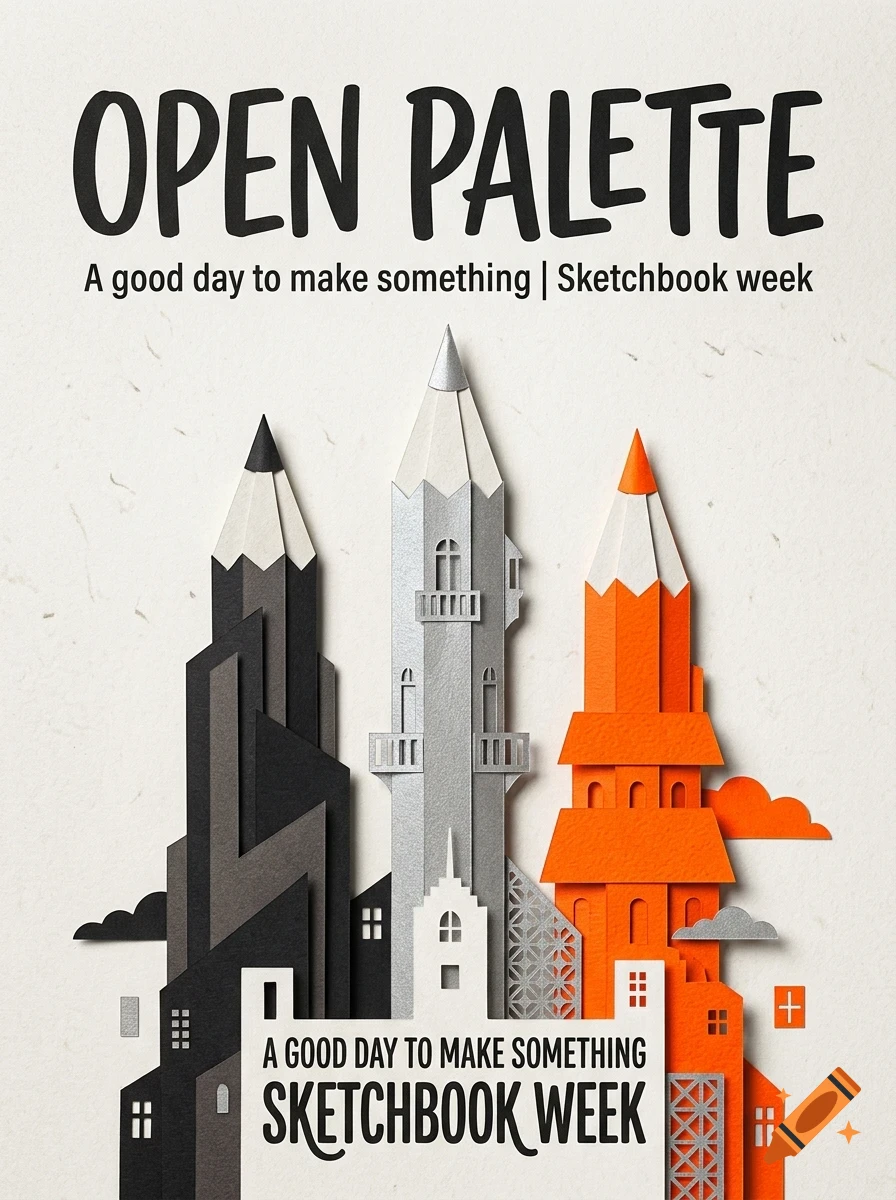 A papercraft artwork depicting buildings shaped like pencils in black, silver, and orange, with the text 'OPEN PALETTE' and 'A good day to make something | Sketchbook week'.