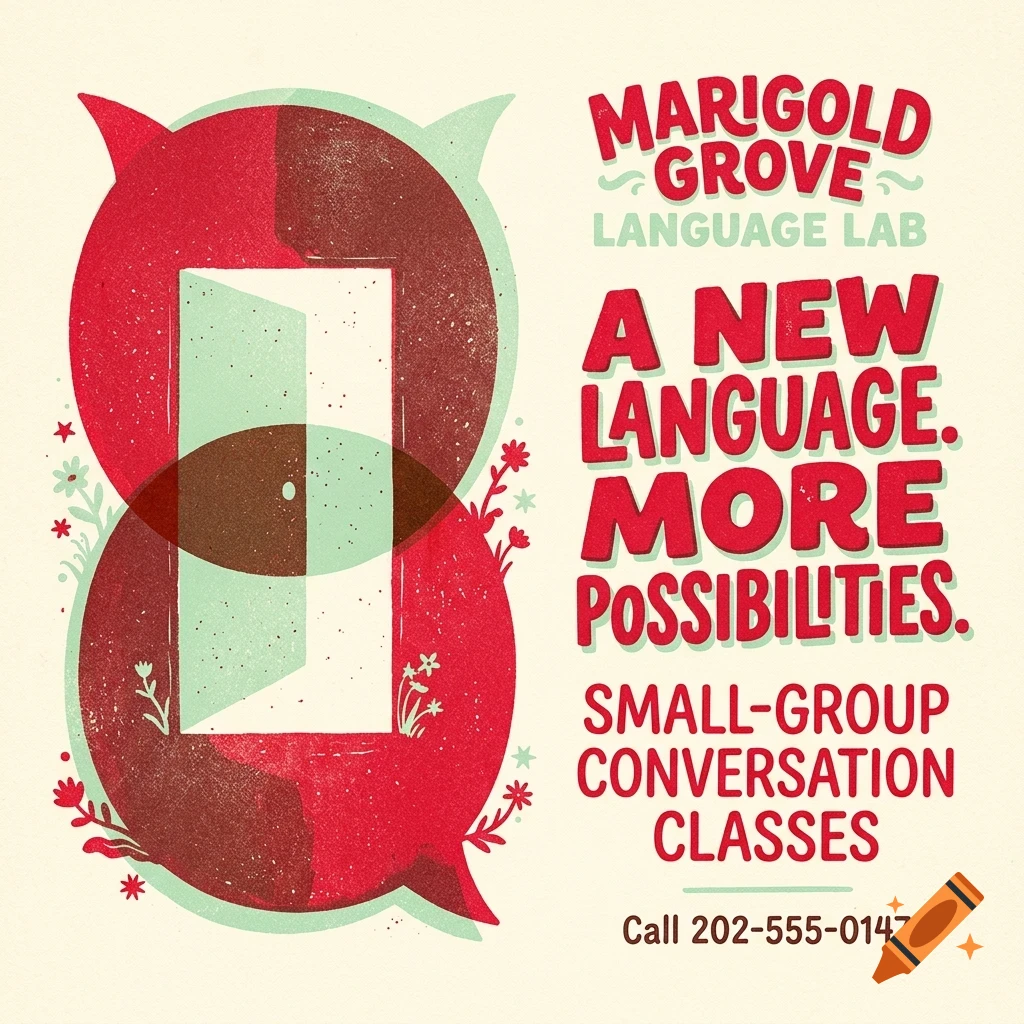 An informational poster for Marigold Grove Language Lab with red and green speech bubble graphics and bold lettering.