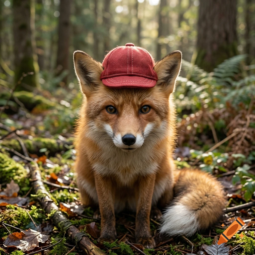 A photorealistic fox wearing a small red cap sitting on the forest floor surrounded by trees and green foliage.