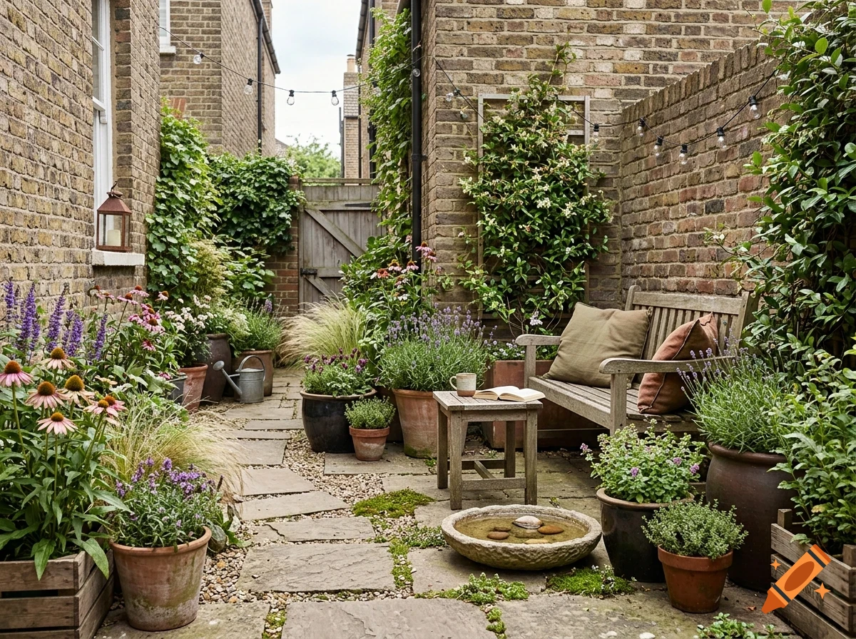 A narrow courtyard garden with brick walls, potted plants, a wooden bench, and a small table.