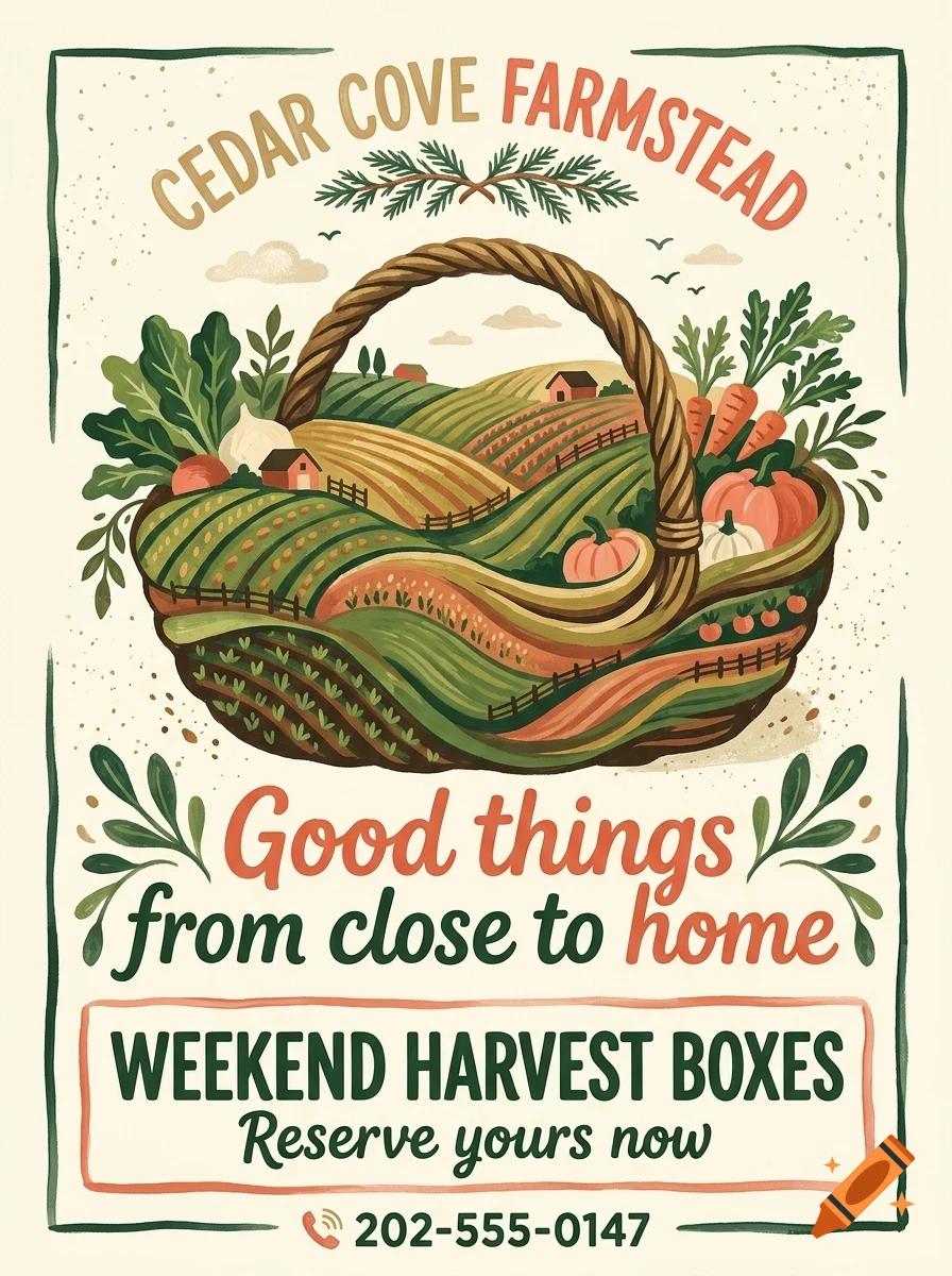 An illustrated poster for Cedar Cove Farmstead featuring a large woven basket filled with rolling farm fields, pumpkins, and vegetables, with text including "Good things from close to home".