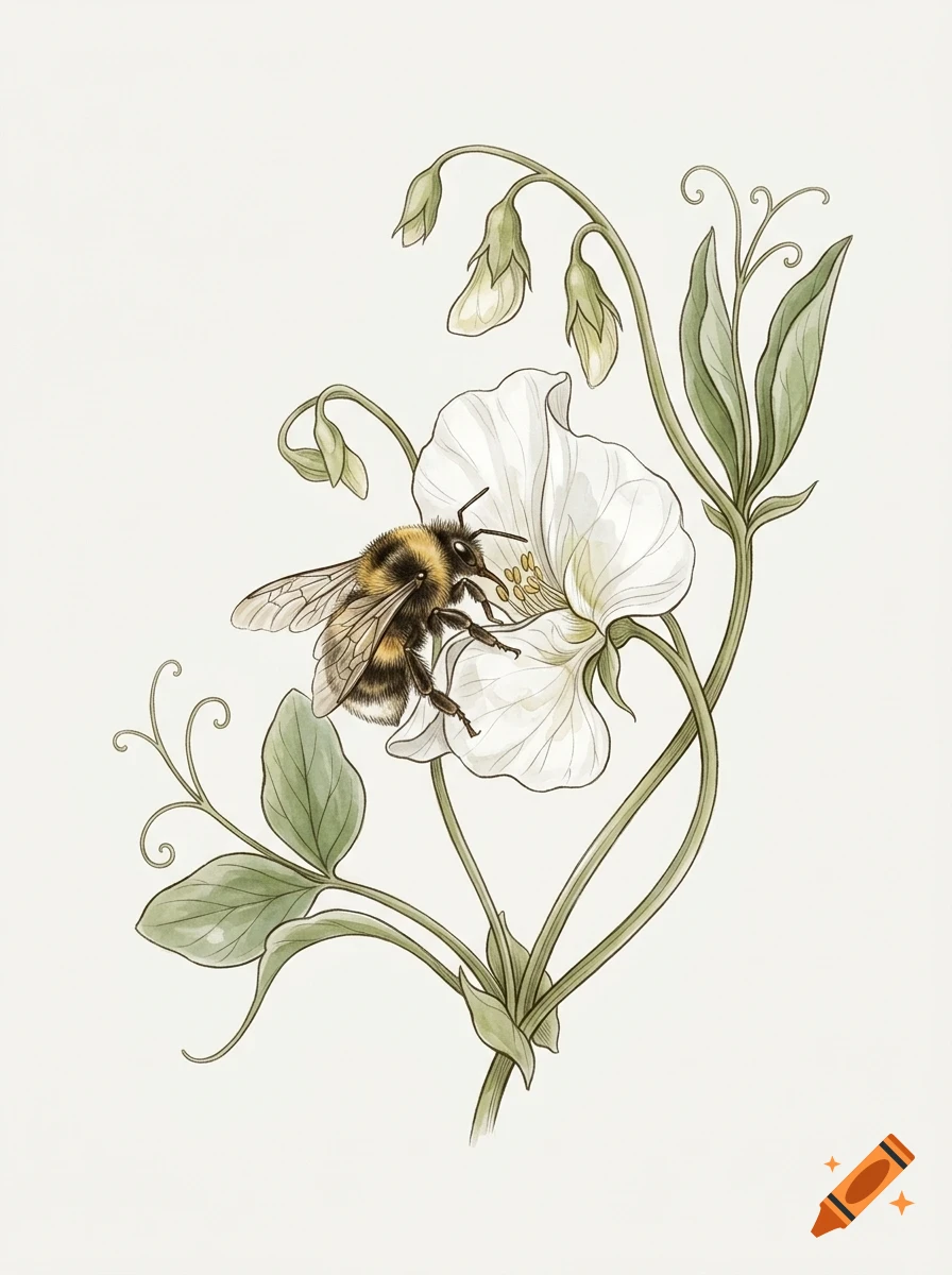 An illustrated bumblebee resting on a white flower with green stems and leaves against a light background.