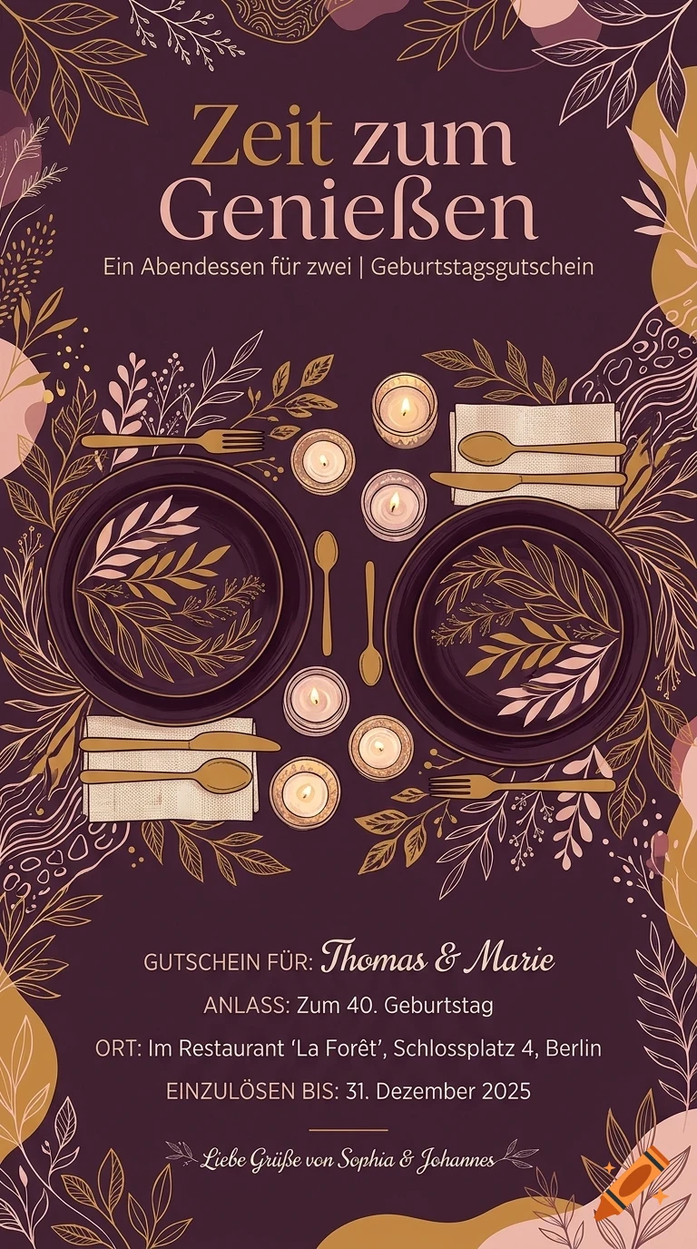 An illustrated voucher with a top-down view of a dinner table setting with plates, cutlery, and candles, surrounded by botanical decorations and German text.