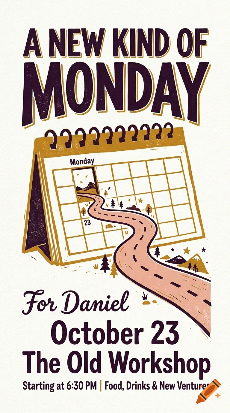 An illustrative poster with bold lettering reading A New Kind of Monday, featuring a desk calendar where a winding road emerges from a page.