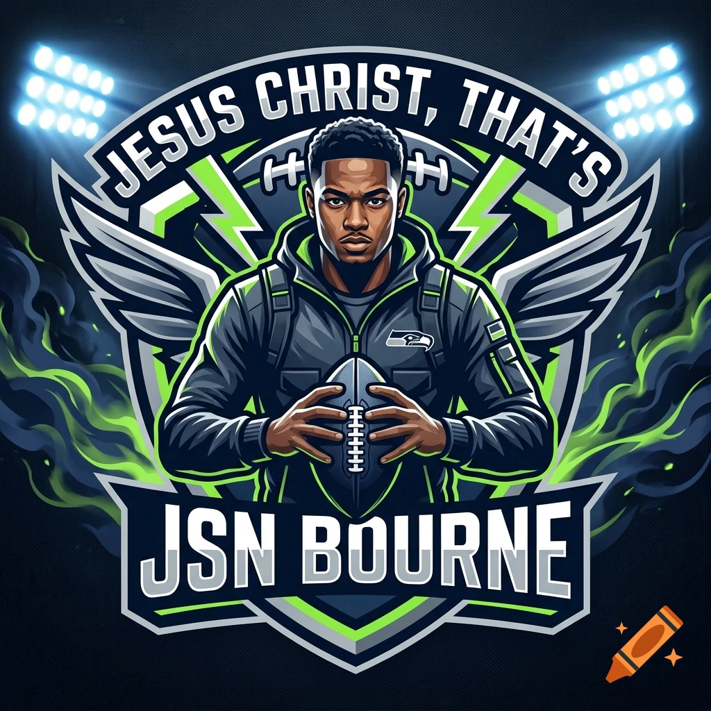 Fantasy football emblem with football player holding a ball, flanked by wings and stadium lights, featuring the text Jesus Christ, that's JSN Bourne and JSN Bourne.