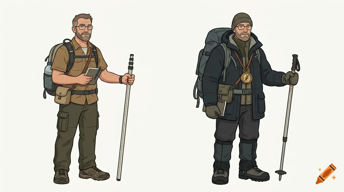 Illustration of two hikers with backpacks and trekking poles, one in warmer weather gear holding a notebook and staff, and one in cold weather gear with a compass.