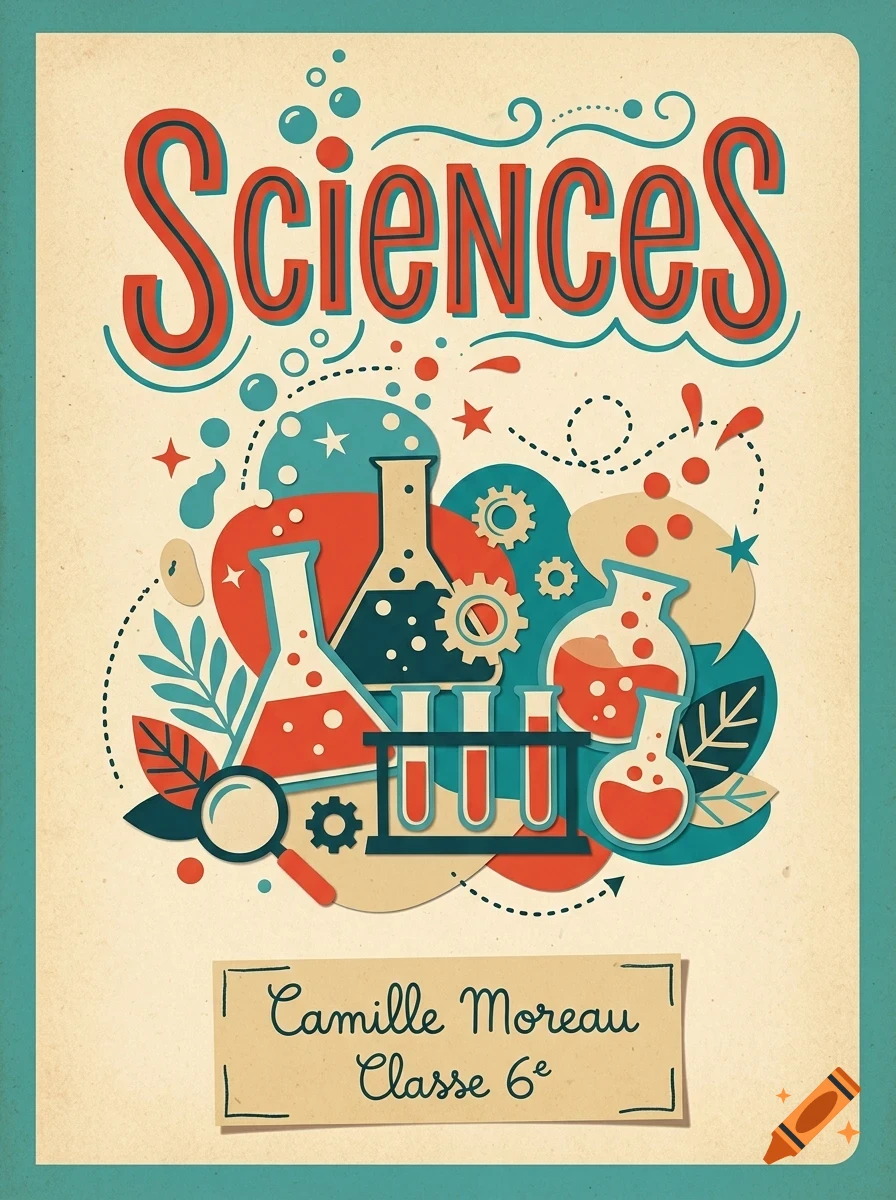 An illustration with the word 'Sciences' at the top, featuring laboratory glassware, test tubes, gears, bubbles, and leaves in a retro color palette.