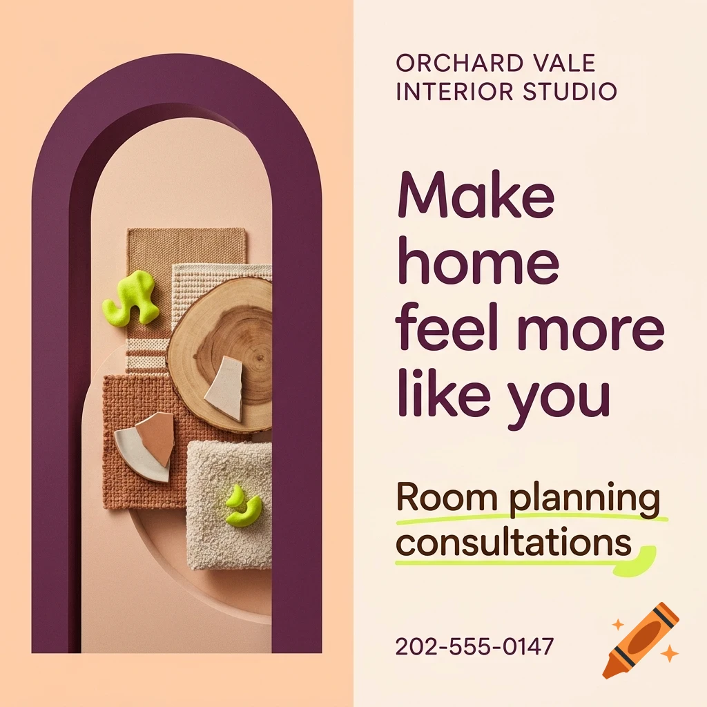 An advertisement for Orchard Vale Interior Studio featuring an arched archway displaying material samples, text, and contact information.