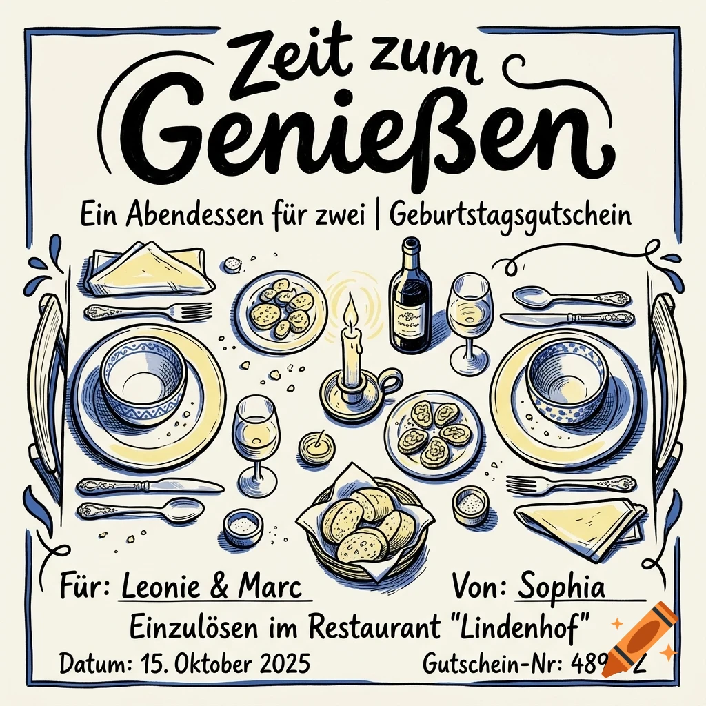 An illustrated dinner voucher with German text, a table setting of plates, bread, wine, and a candle in blue and beige tones.