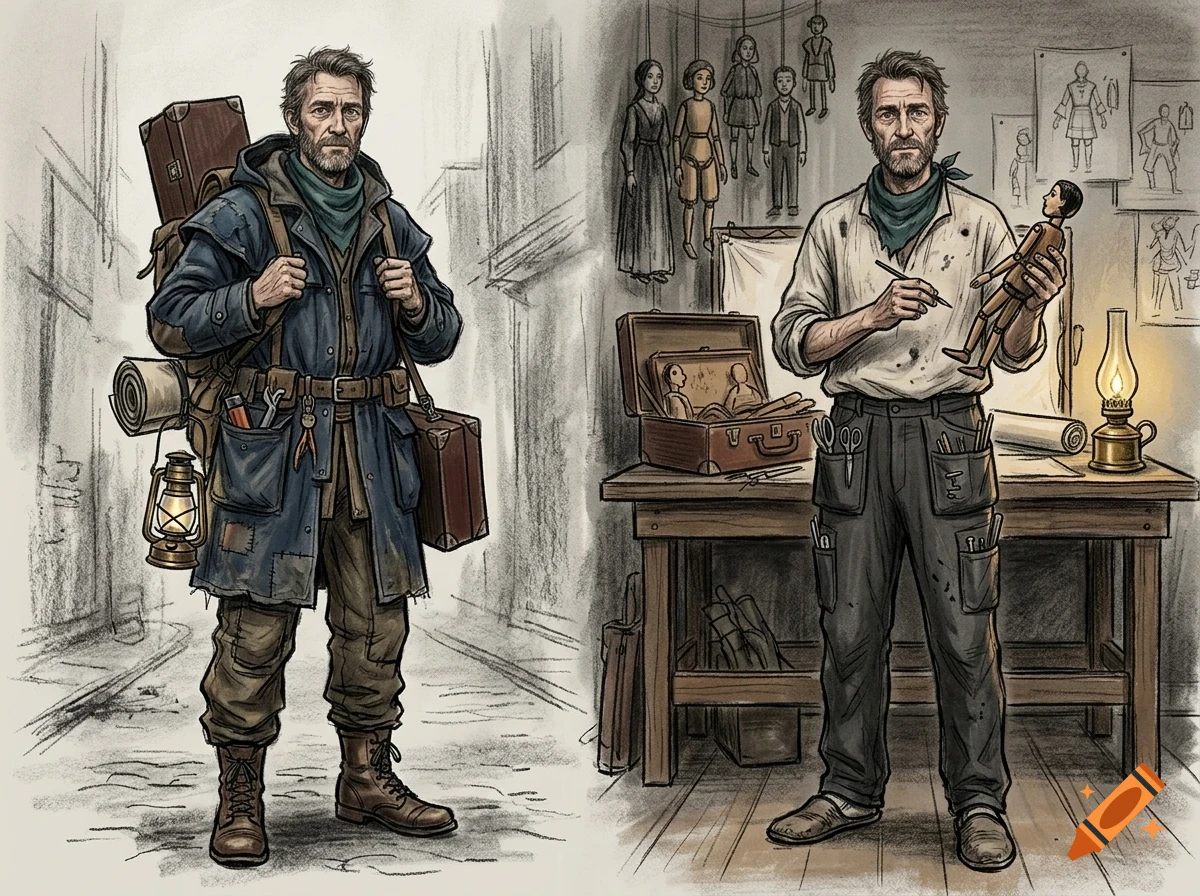 Two-panel sketch showing a man travelling with luggage and a lantern, and then inside a workshop carving a puppet.
