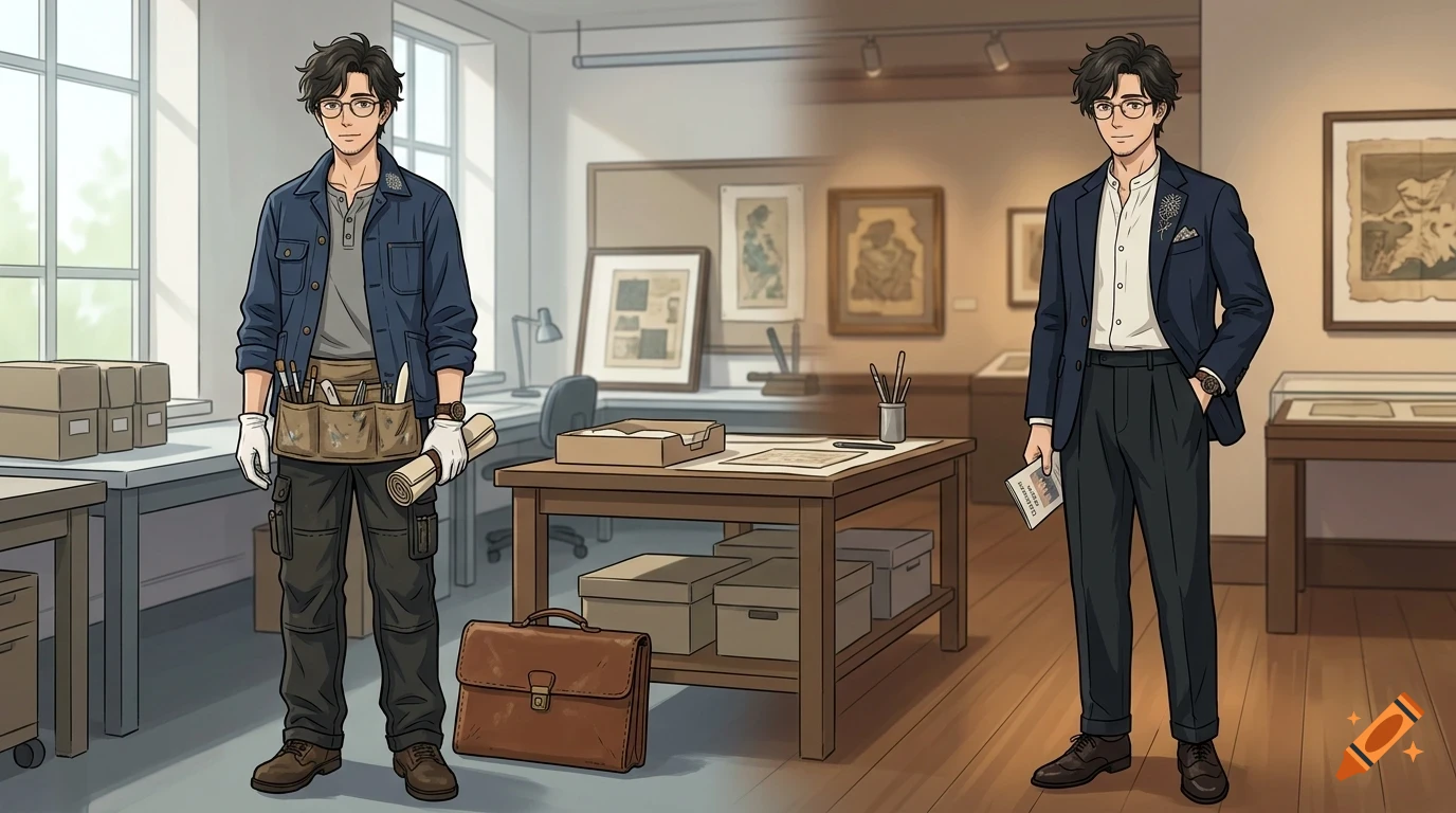 An anime style illustration showing a split view of a man with glasses, working in an archive workshop on the left and visiting a museum on the right.