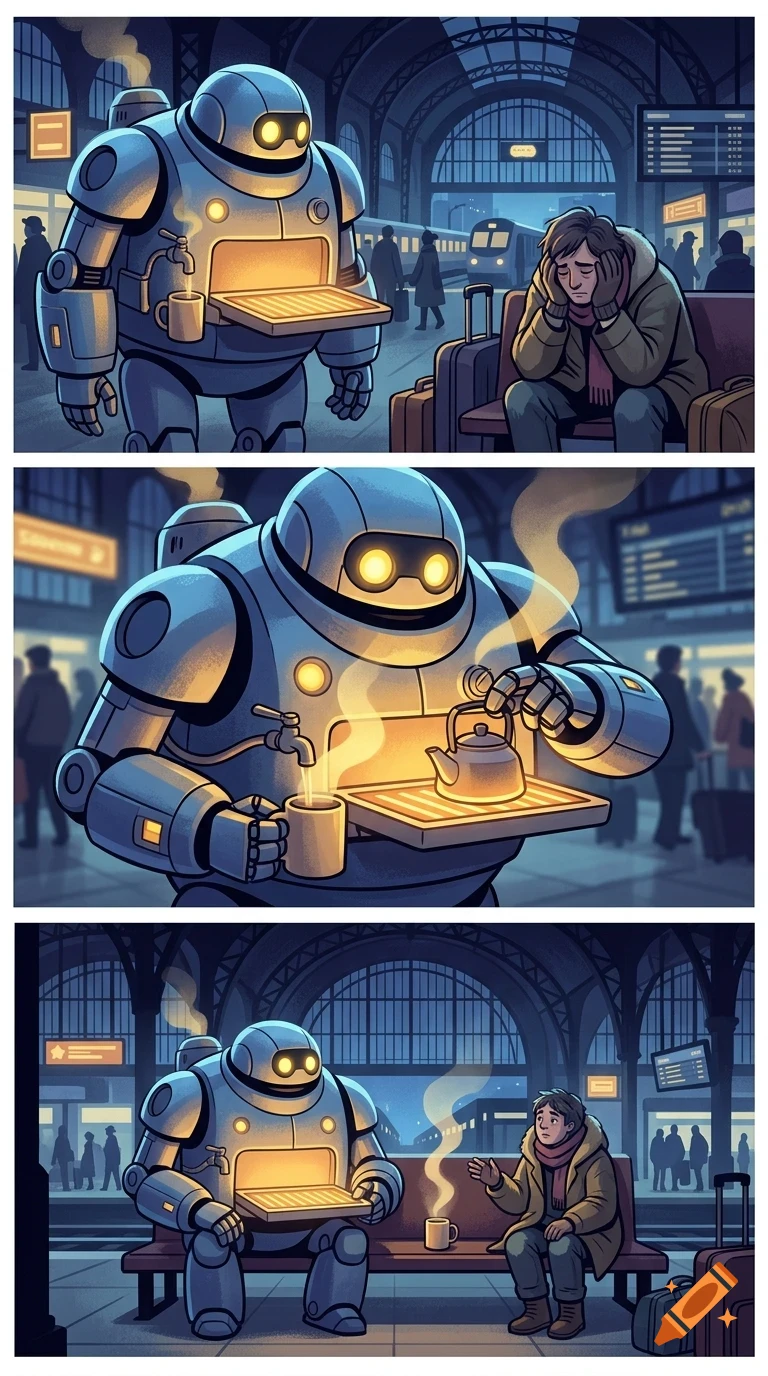 A comic strip showing a robot serving hot tea to a sad traveler sitting on a bench in a train station.