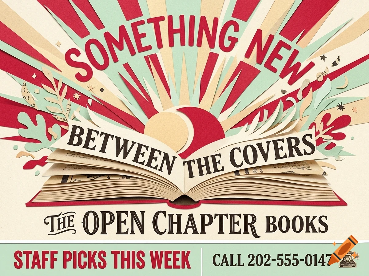 An open book surrounded by paper craft rays and lettering reading 'Something New Between the Covers' and 'The Open Chapter Books'.