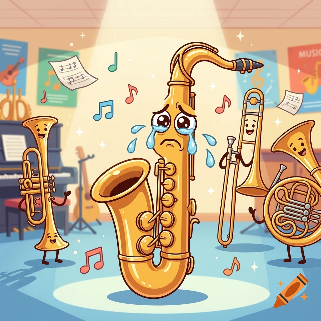 Cartoon illustration of a crying saxophone surrounded by other cheerful musical instruments in a band room.