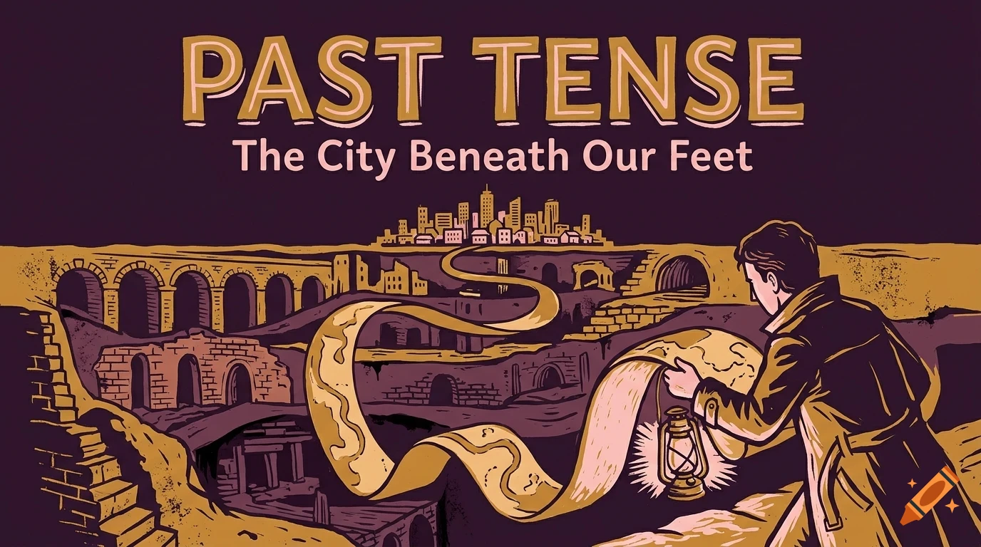 An illustration of a person holding a lantern and a long scroll, looking over an underground city with ancient ruins and a modern city on the horizon, with the text Past Tense and The City Beneath Our Feet.