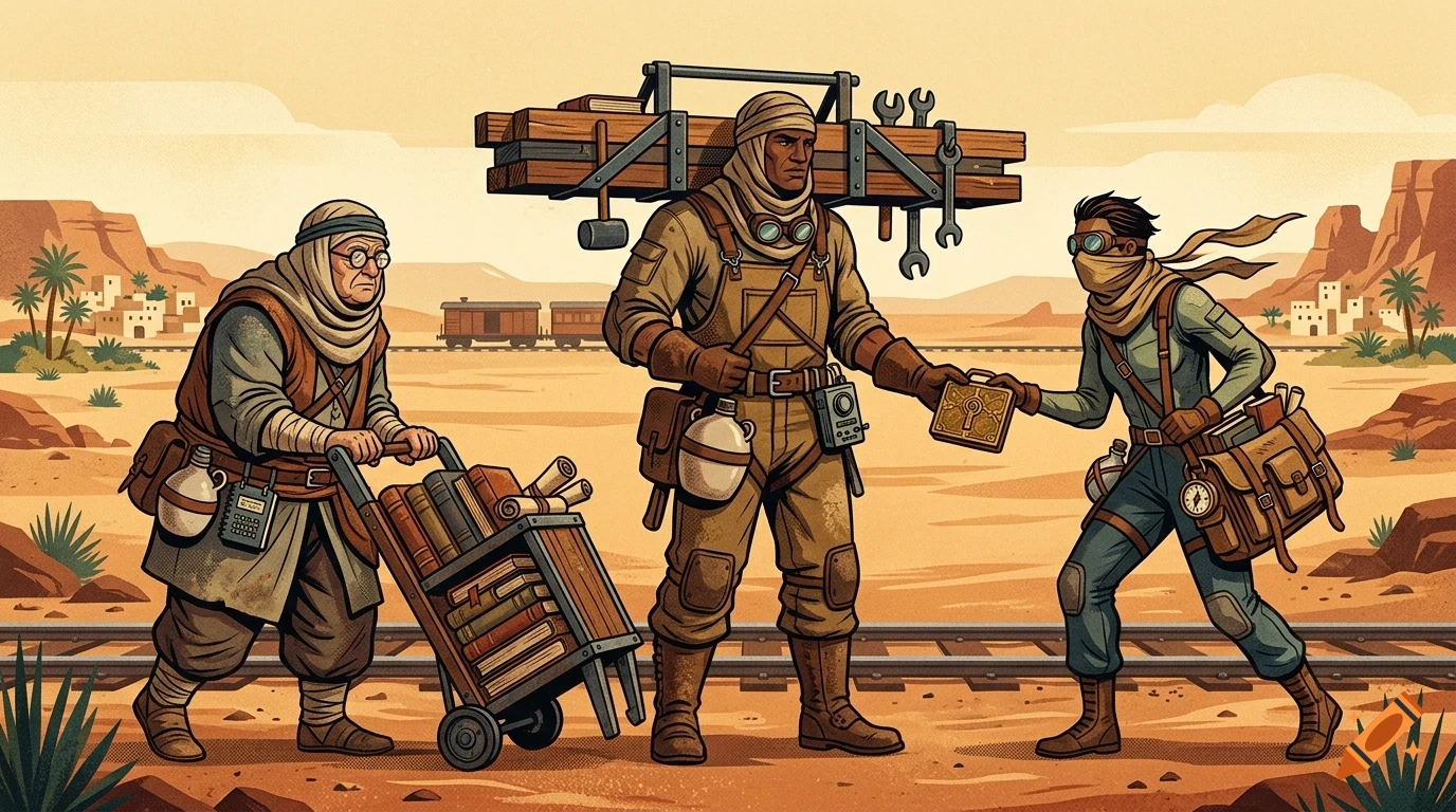 An illustration of three desert adventurers carrying gear, books, and tools near a railway.