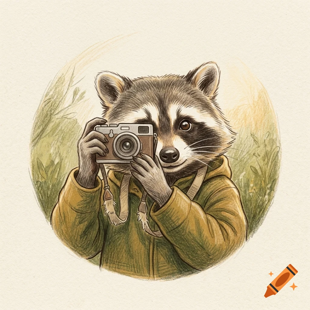 An illustrated raccoon wearing a jacket holding a camera up to its eye.