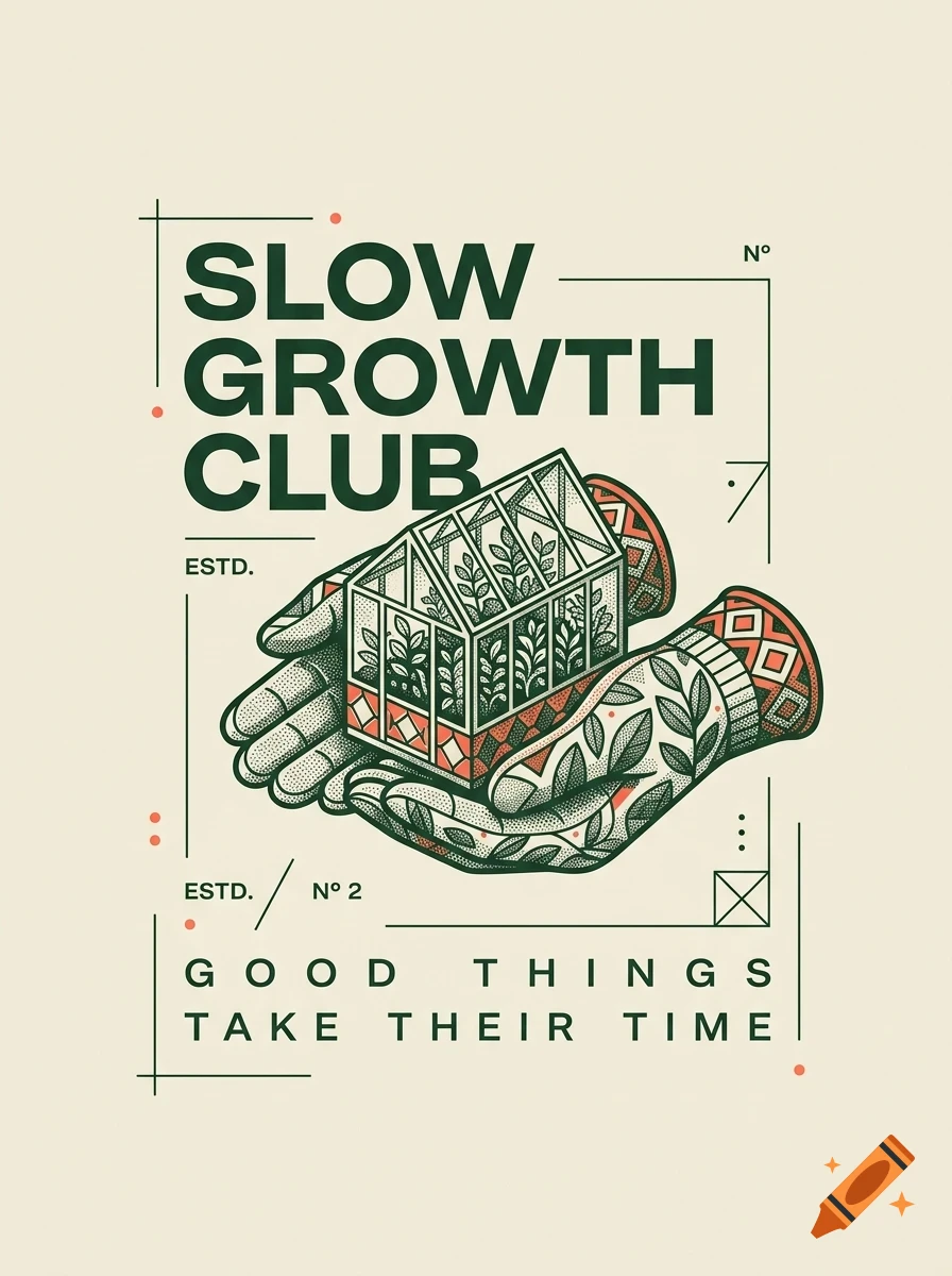 An illustrated poster featuring gloved hands holding a small greenhouse, surrounded by the text SLOW GROWTH CLUB and GOOD THINGS TAKE THEIR TIME.
