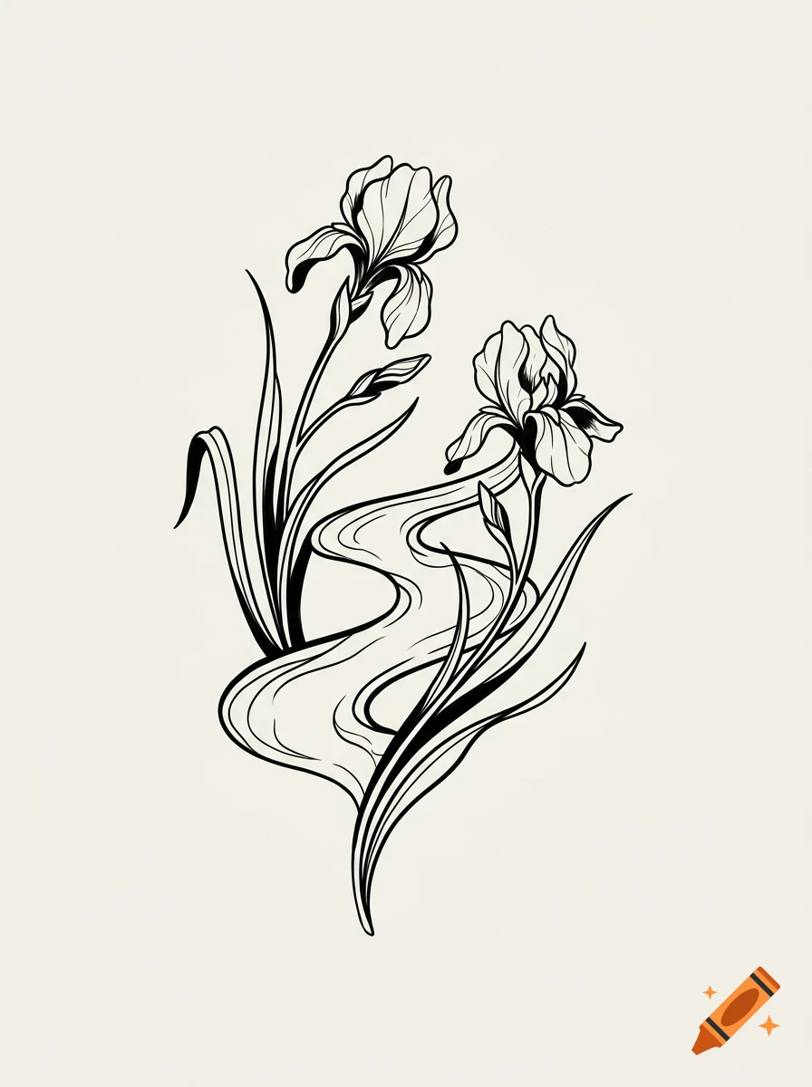 Black and white line art illustration of two iris flowers with stems, leaves, and flowing ribbon-like lines.