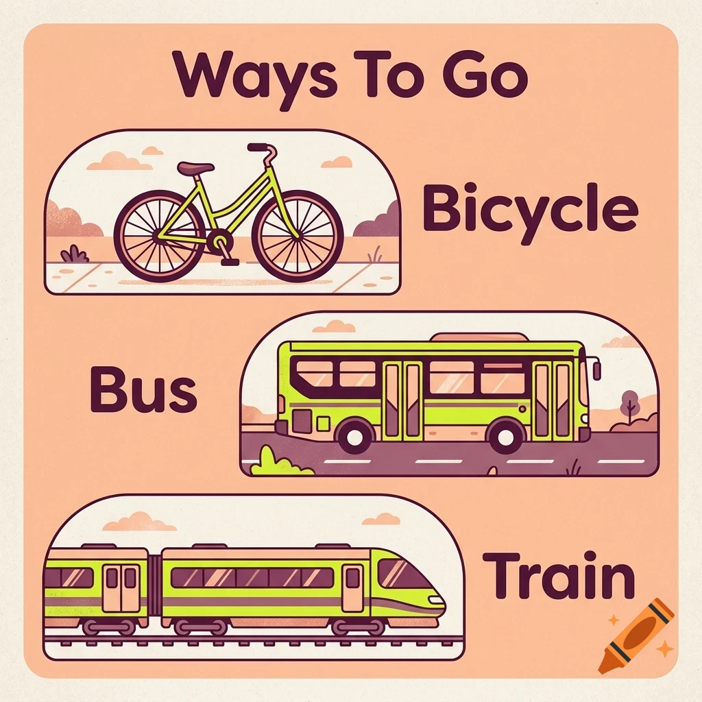 An educational illustration titled Ways To Go showing three modes of transport: a bicycle, a bus, and a train.
