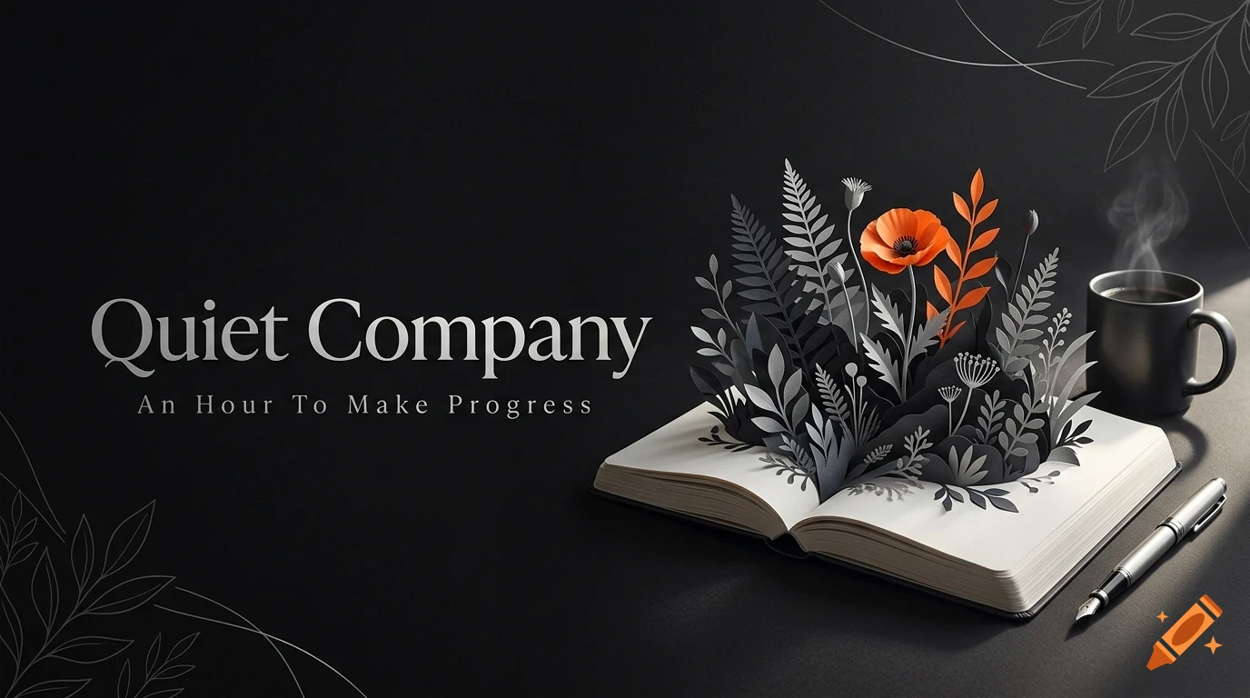 An open book with papercraft flowers and leaves emerging from the pages, accompanied by a cup of steaming coffee and a pen, next to text reading Quiet Company An Hour To Make Progress.