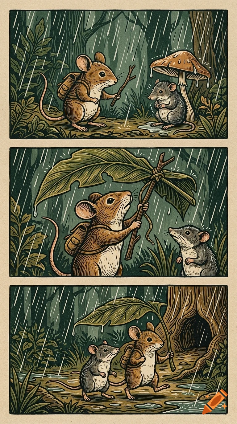 Three panel comic illustration of two mice walking in a rainy forest, one holding a leafy umbrella for the other.