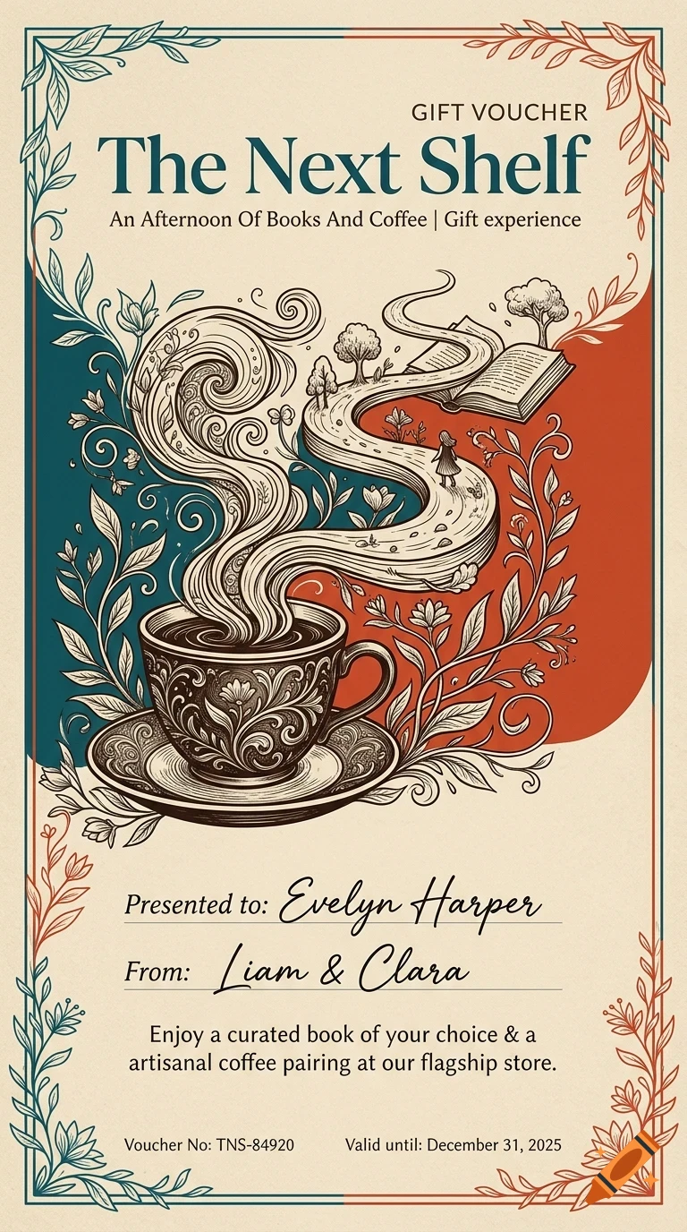 A gift voucher for The Next Shelf featuring an illustration of a cup of coffee with steam winding into a road leading to an open book.