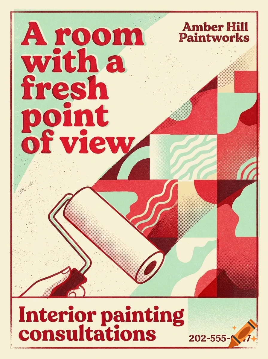A vintage-style poster for interior painting featuring a hand with a paint roller revealing red and turquoise abstract geometric patterns, with bold text reading A room with a fresh point of view.