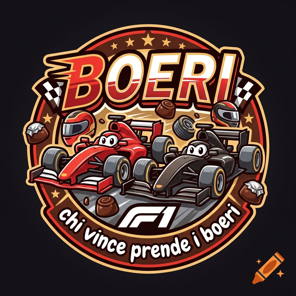 Cartoon style logo for BOERI featuring two smiling F1 racing cars, helmets, and chocolates with the text chi vince prende i boeri.