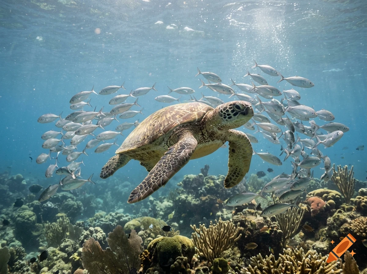 A sea turtle swimming in the ocean surrounded by a school of small fish and coral reefs below.