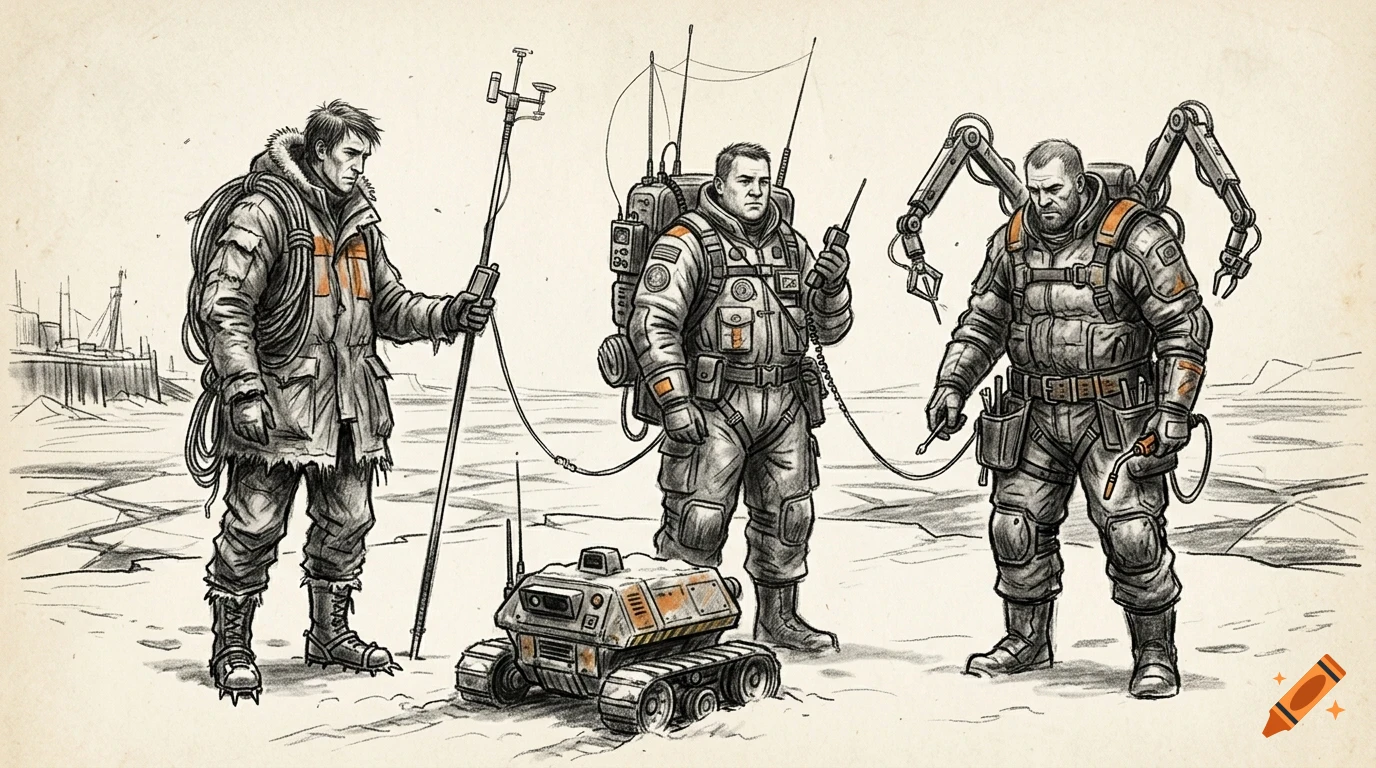 An ink and pencil drawing of three characters in heavy winter gear and a robotic rover exploring a snowy landscape.