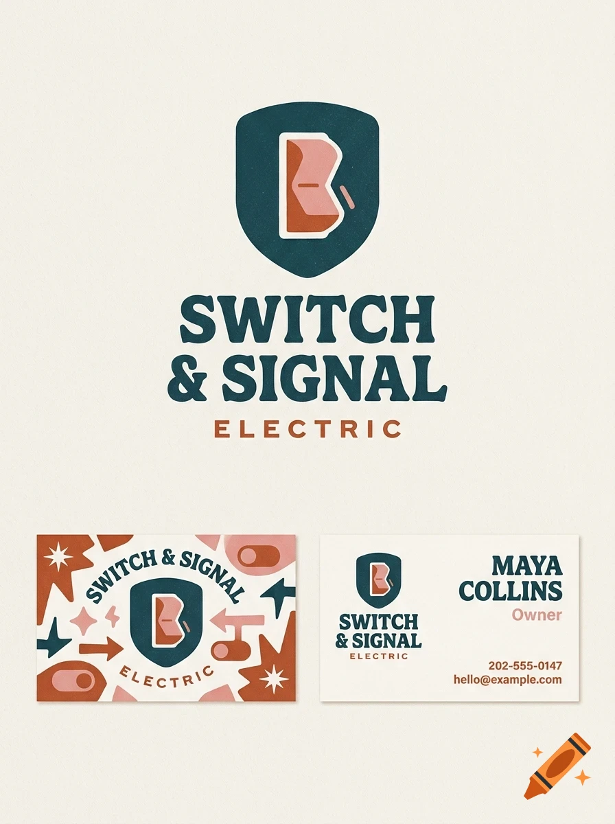 A branding design presentation for Switch & Signal Electric featuring a shield logo, company name, pattern, and business cards.