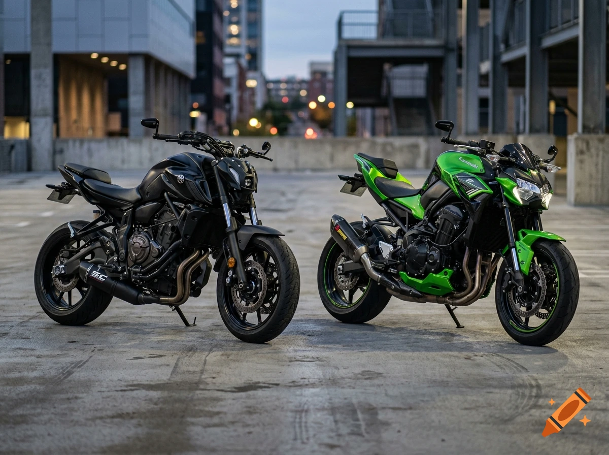 Photorealistic side-by-side shot of a black Yamaha MT-07 and a green Kawasaki Z900 parked on an urban concrete floor at dusk.