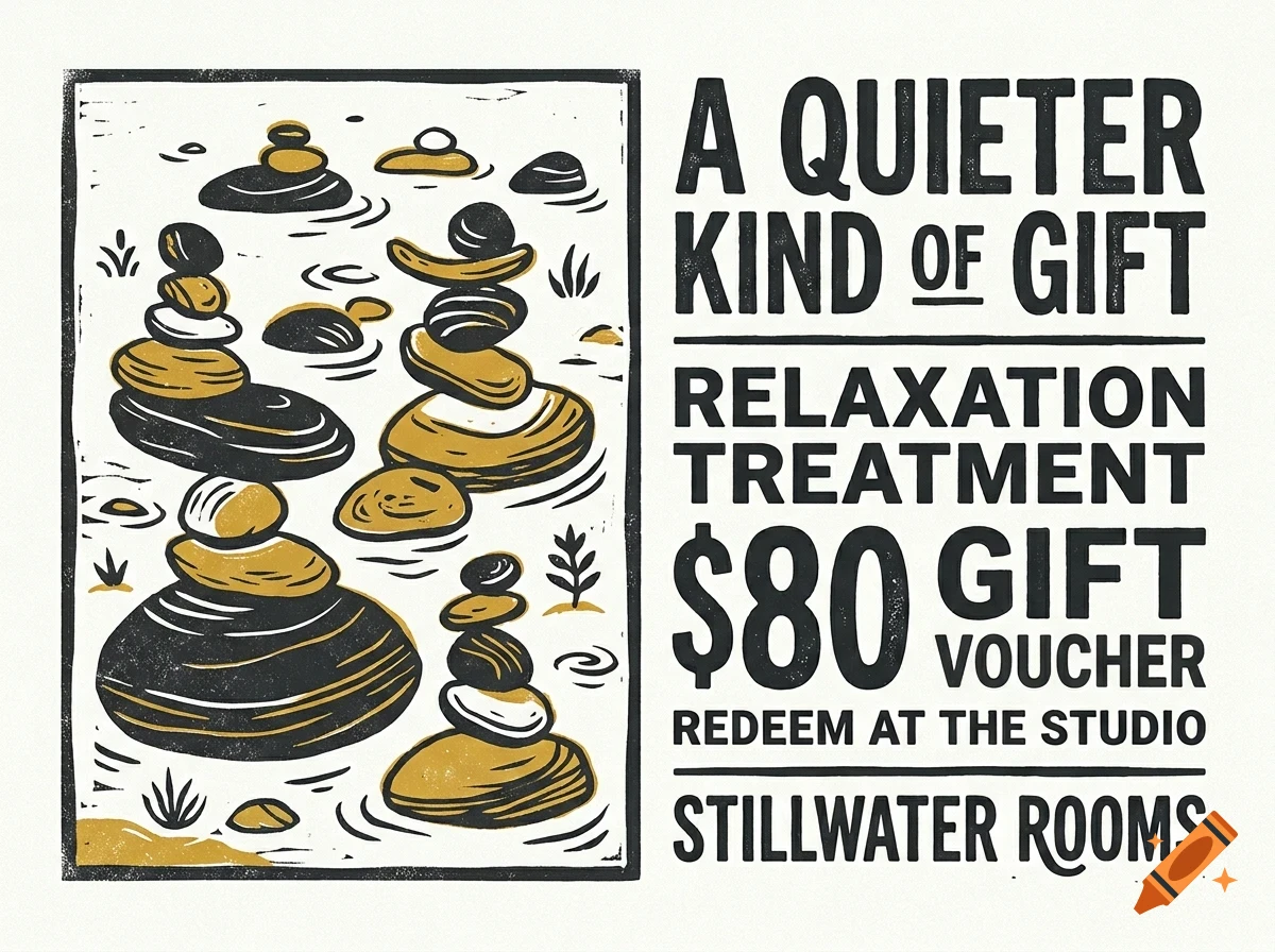 A gift voucher design featuring stacked zen stones on the left and text reading A Quieter Kind of Gift and Stillwater Rooms on the right.