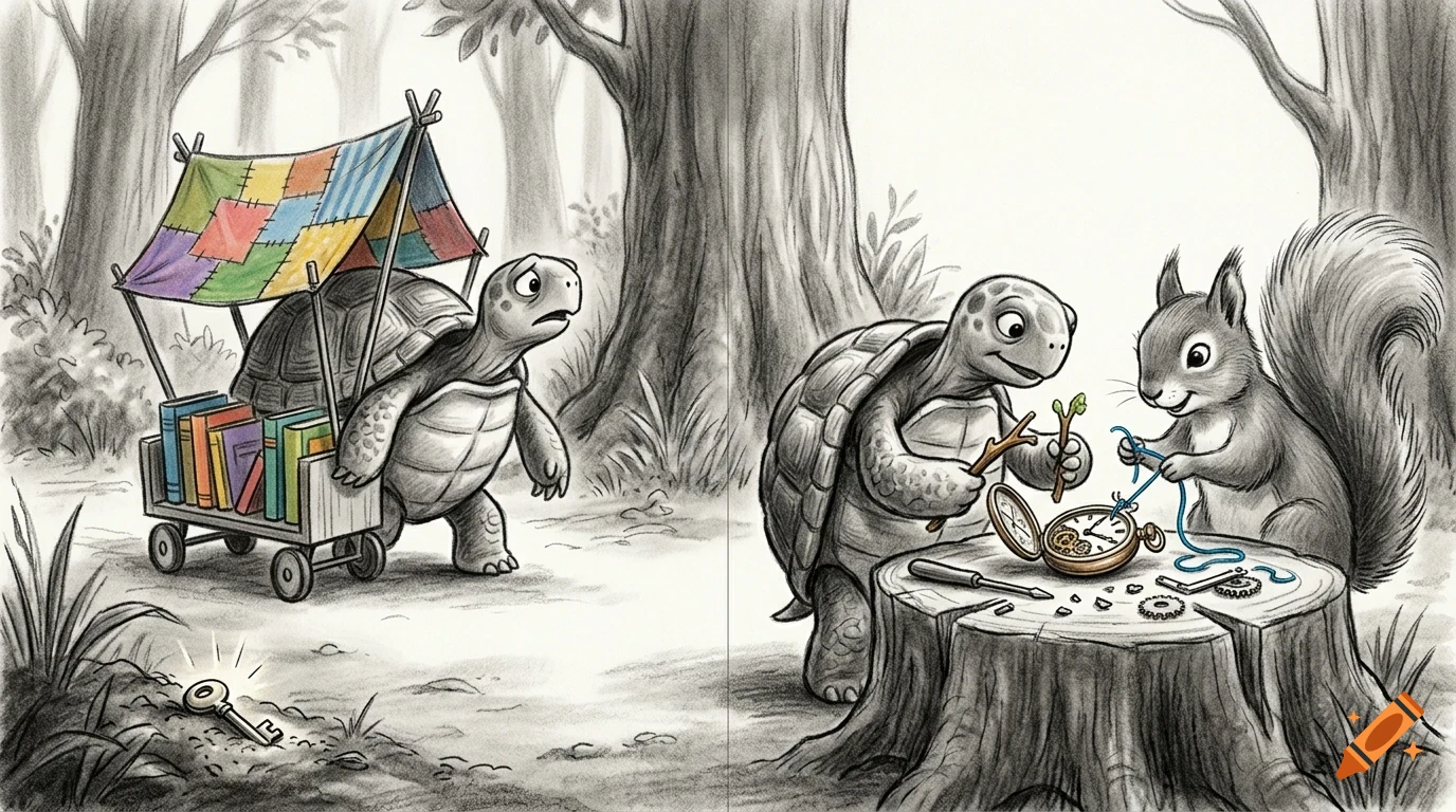 An illustrated black and white drawing of two turtles and a squirrel interacting in a forest setting.